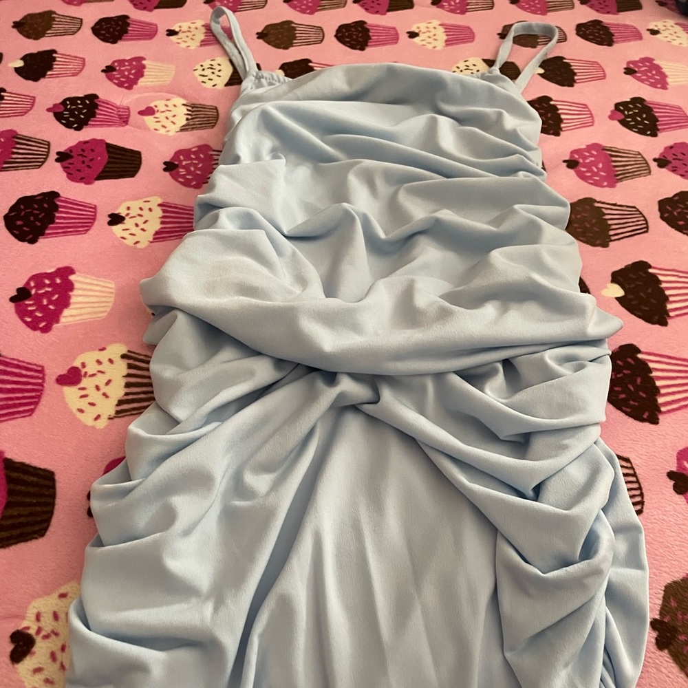 baby blue scrunched, bodycon dress.